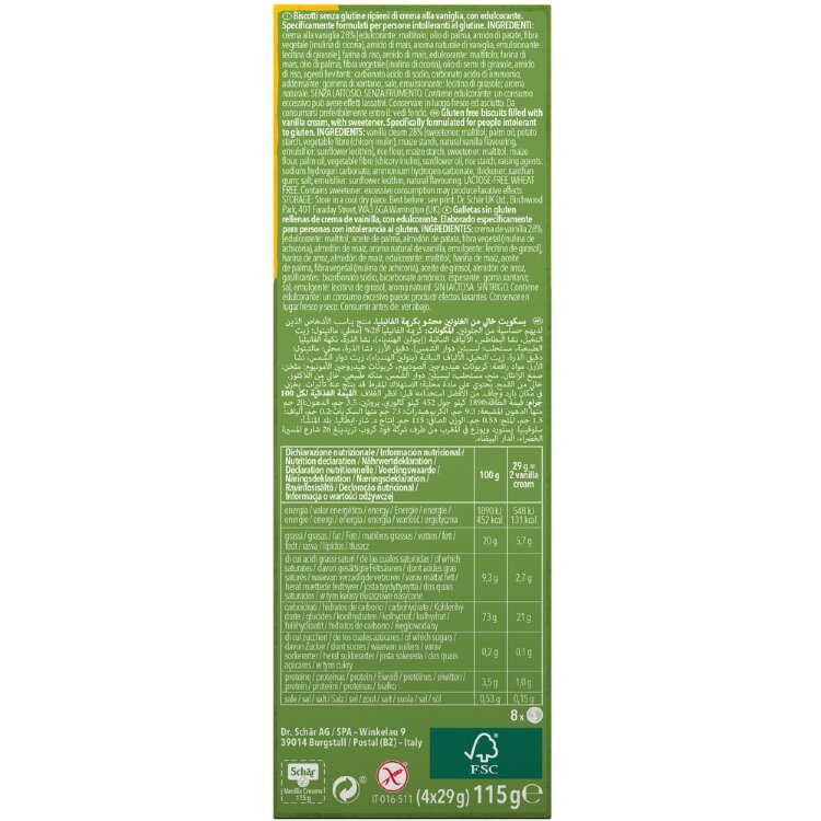 Schär Vanilla Creams 115g Gluten-Free Biscuit With Vanilla Cream Filling