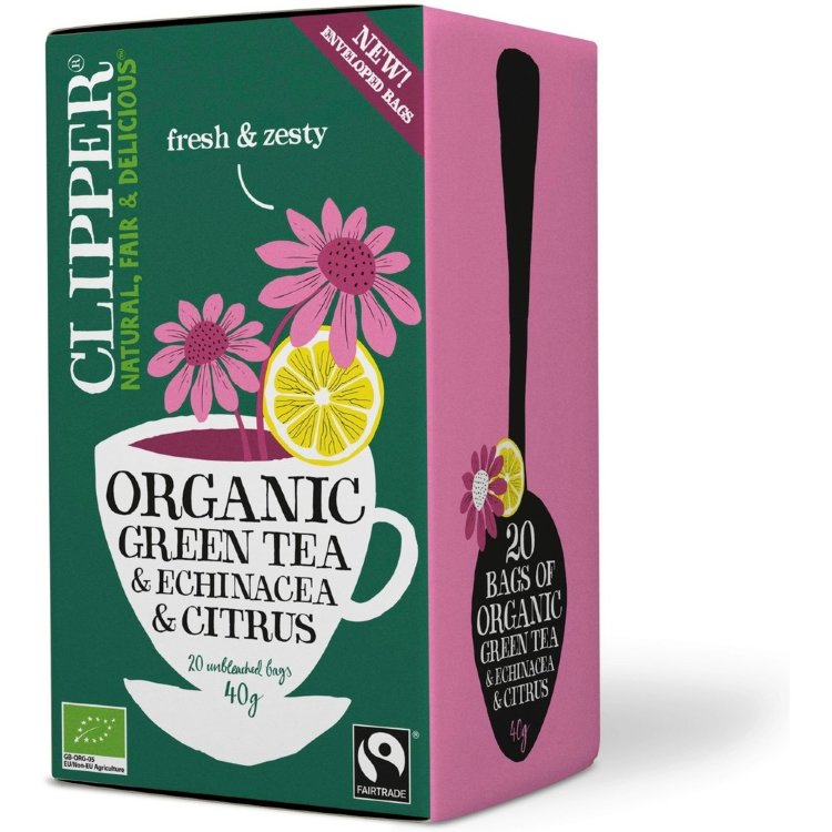 Clipper Lemon Flavored Organic Green Tea With Added Echinacea (Echinacea Purpurea) 40g / 20 Bags