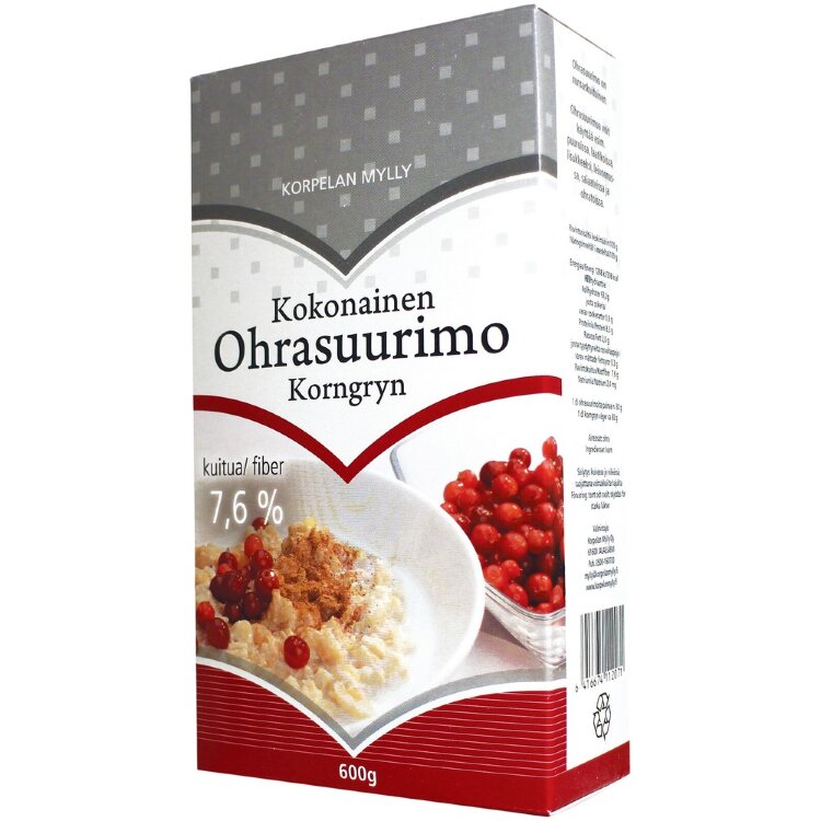 Whole Pearl Barley 600 g, Korpelan Mylly