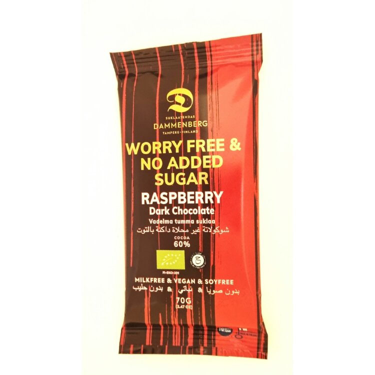 Dammenberg 60% Organic, Vegan, Soy-Free, Unsweetened Raspberry Dark Chocolate Bar 70g