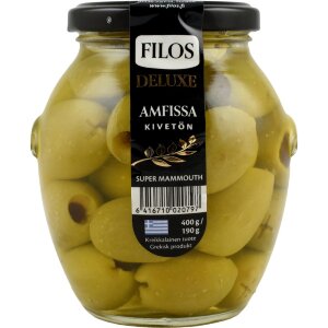 Filos Deluxe 400/190g Pitted Green Olive Amfissa Super Mammouth