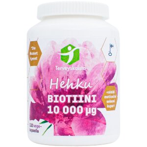 Terveyskaistan Glow Biotin 10 000 mcg + Zinc + Methionine + Copper + Selenium dietary supplement 120 capsules.