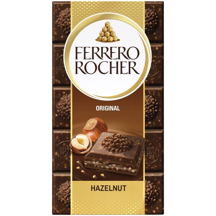 Ferrero Rocher Original milk chocolate bar 90g. Filled milk chocolate (60%) with hazelnut filling (37%) and pieces of hazelnut.