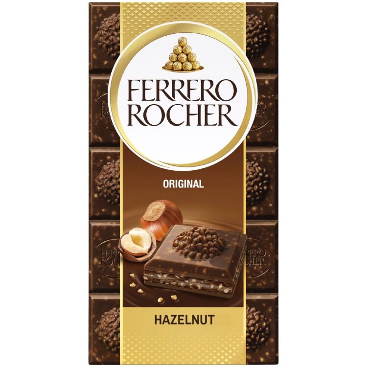 Ferrero Rocher Original Milk Chocolate Bar 90g. Filled Milk Chocolate (60%) with Hazelnut Filling (37%) and Hazelnut Pieces.