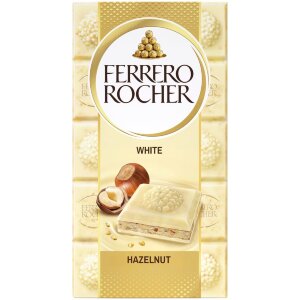 Ferrero Rocher White - White Chocolate Bar 90g. Filled White Chocolate (60%) With Hazelnut Filling (37%) And Pieces Of Hazelnut.