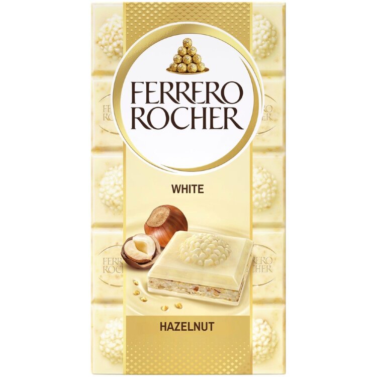 Ferrero Rocher White - White Chocolate Bar 90g. Filled White Chocolate (60%) With Hazelnut Filling (37%) And Pieces Of Hazelnut.