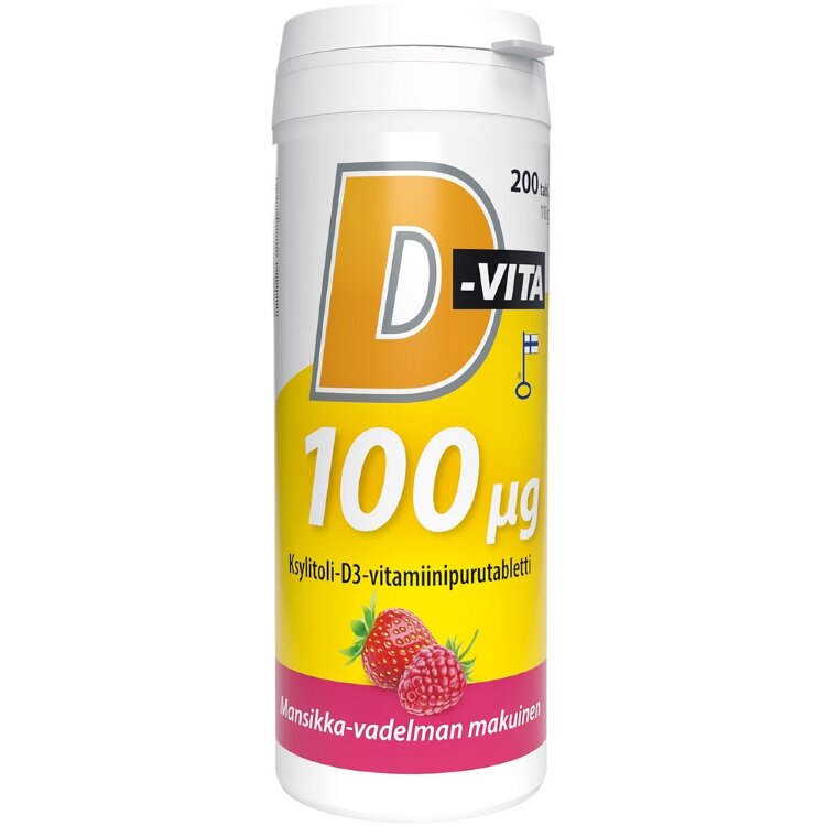D-Vita 100 ug Strawberry-Raspberry Flavored 200 Tablets Xylitol-D3-Vitamin Chewable Tablet, Vitabalans