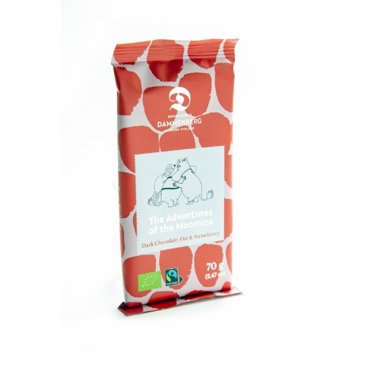 Dammenberg Moomin 56% Organic, Fair Trade Oat-Strawberry Dark Chocolate Bar 70g