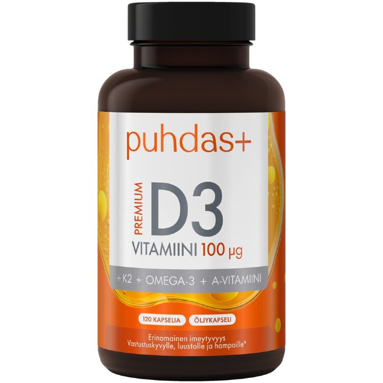 Puhdas+ Premium Vitamin D3 100 µg + K2 + Omega-3 + Vitamin A 120 Caps
