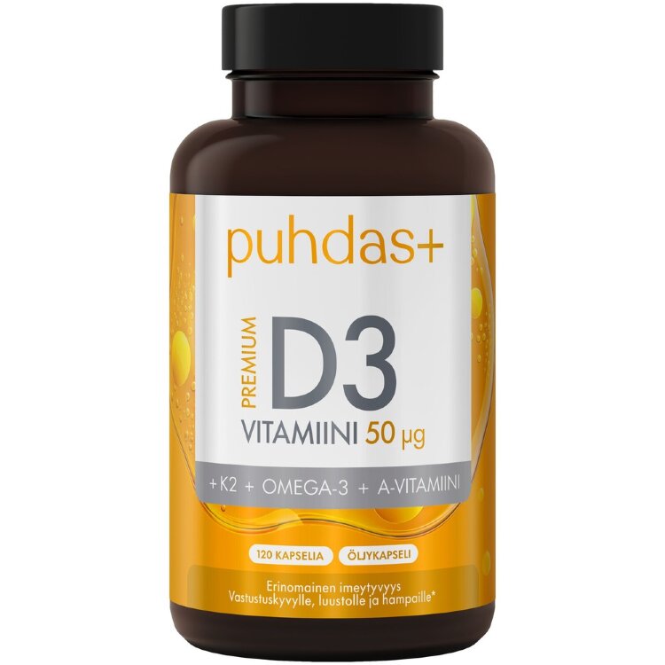 Puhdas+ Premium Vitamin D3 50 µg + K2 + Omega-3 + Vitamin A 120 Capsules