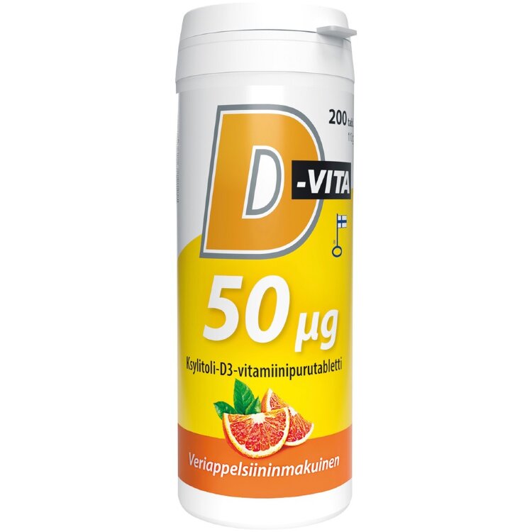 D-Vita 50 µg Blood Orange Flavored 200 Tablets Xylitol-D3 Vitamin Chewable Tablet, Vitabalans