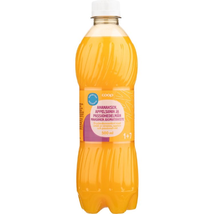 Coop Sugar-Free Pineapple, Orange, and Passion Fruit Flavored Drink Concentrate 1+7 0.5l