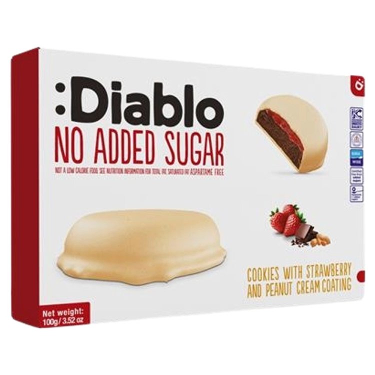 No Added Sugar Cocoa Biscuits With Strawberry Cream Filling And Peanut Coating.