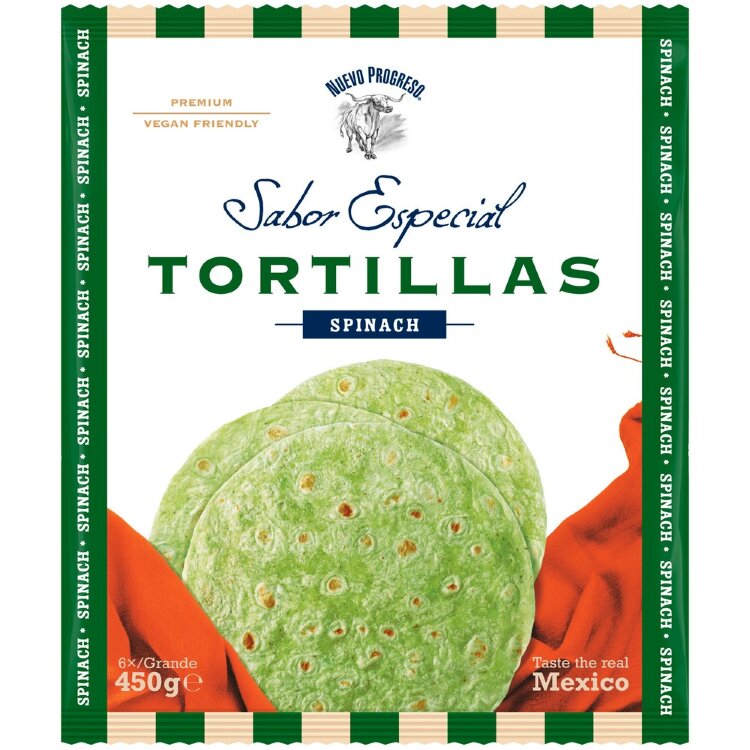 Nuevo Progreso Special Flavor Tortillas Spinach Isot Pinaattitortillat 6pcs 450g Bag