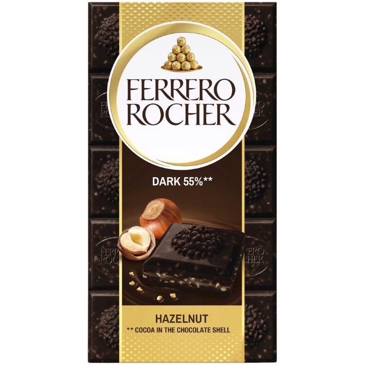 Ferrero Rocher - Dark Chocolate Bar 90g. Filled dark chocolate (60%) with hazelnut filling (37%) and hazelnut pieces.